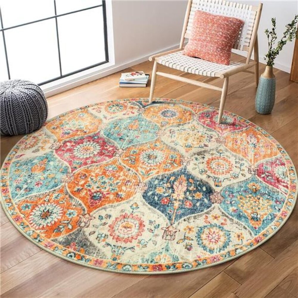 Moroccan Trellis Round Area Rugs - Washable Small Round Rug 3ft Non-Slip